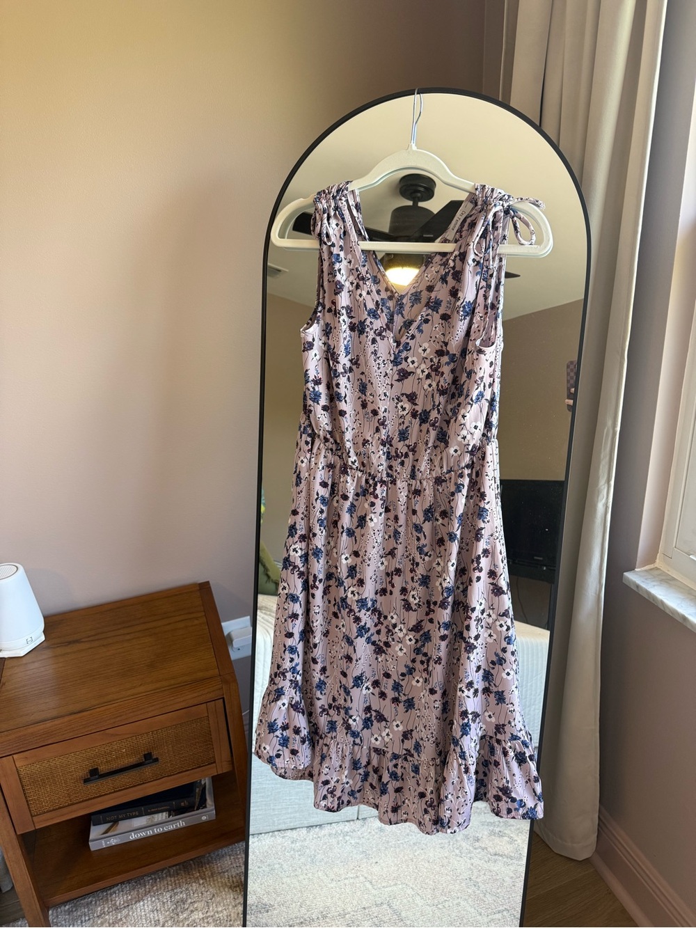 Ces Femme Floral Tie Shoulder Ruffle Hem Mini Dress Fits Large Muted Lavender
